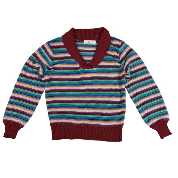 VTG 80s 90s DBS Multicolor Stripe Knit Sweater V-Neck Shawl Collar Women's Large - Picture 2 of 6